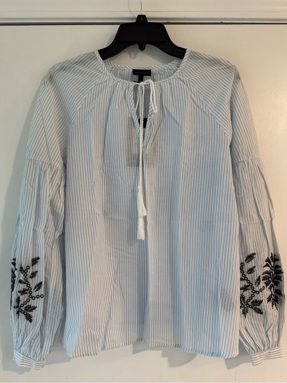 Who What Wear White & Light Blue Striped Peasant Blouse with Black Embroidery